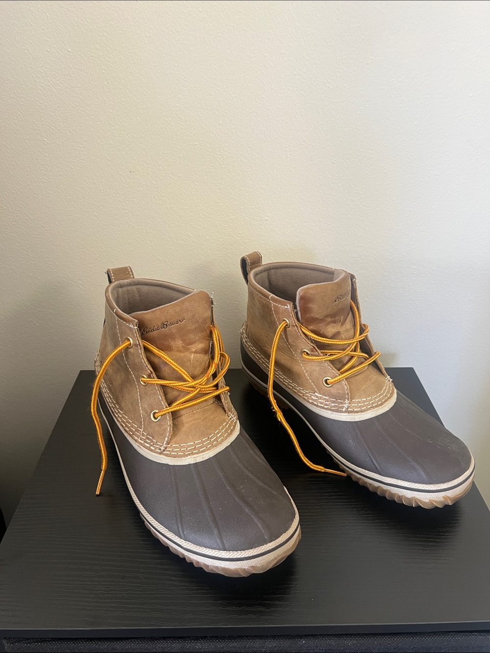 Eddie Bauer Two-Tone Brown Lace-Up Duck Boots with Yellow Laces